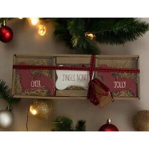 New Rae Dunn Set Of 3 Dog Ornaments Cheer, Jingle Bones, Jolly Red White NEW
